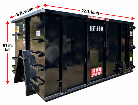 A picture of a 20 yard dumpster with the measurements on it